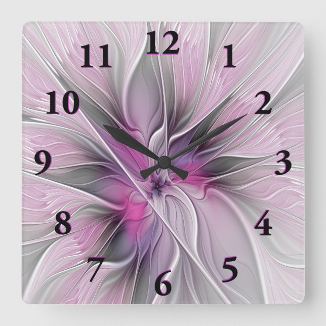 Floral Fractal Modern Abstract Flower Pink Gray Square Wall Clock (Front)