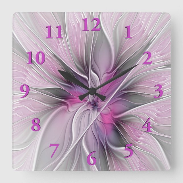 Floral Fractal Modern Abstract Flower Pink Gray Square Wall Clock (Front)