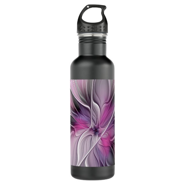 Floral Fractal Modern Abstract Flower Pink Gray Stainless Steel Water Bottle (Front)