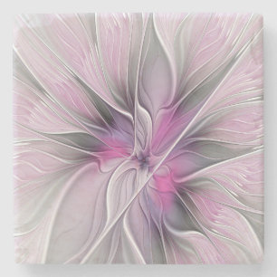 Floral Fractal Modern Abstract Flower Pink Gray Stone Coaster