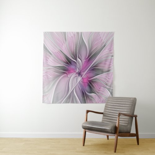Floral Fractal Modern Abstract Flower Pink Gray Tapestry