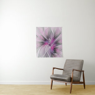 Floral Fractal Modern Abstract Flower Pink Gray Tapestry