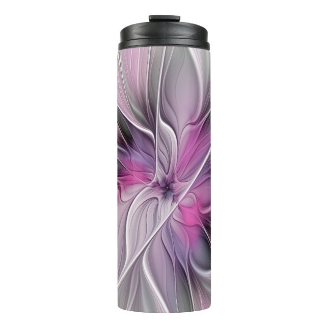 Floral Fractal Modern Abstract Flower Pink Gray Thermal Tumbler (Front)