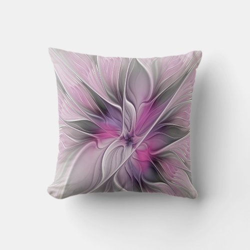 Floral Fractal Modern Abstract Flower Pink Gray Throw Pillow