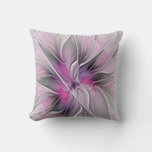 Floral Fractal Modern Abstract Flower Pink Gray Throw Pillow