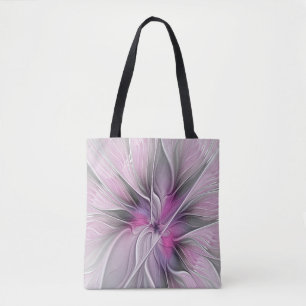 Floral Fractal Modern Abstract Flower Pink Gray Tote Bag
