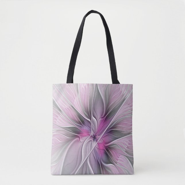 Floral Fractal Modern Abstract Flower Pink Gray Tote Bag (Front)