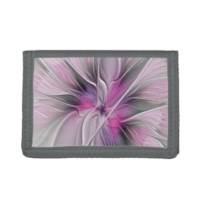 Floral Fractal Modern Abstract Flower Pink Gray Tri-fold Wallet