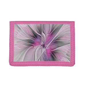 Floral Fractal Modern Abstract Flower Pink Gray Tri-fold Wallet