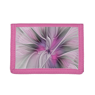 Floral Fractal Modern Abstract Flower Pink Gray Trifold Wallet