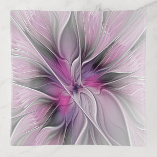 Floral Fractal Modern Abstract Flower Pink Gray Trinket Tray