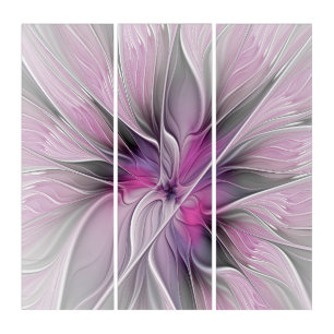 Floral Fractal Modern Abstract Flower Pink Gray Triptych