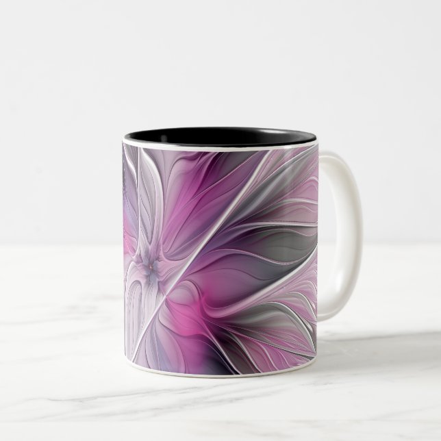 Floral Fractal Modern Abstract Flower Pink Gray Two-Tone Coffee Mug (Front Right)