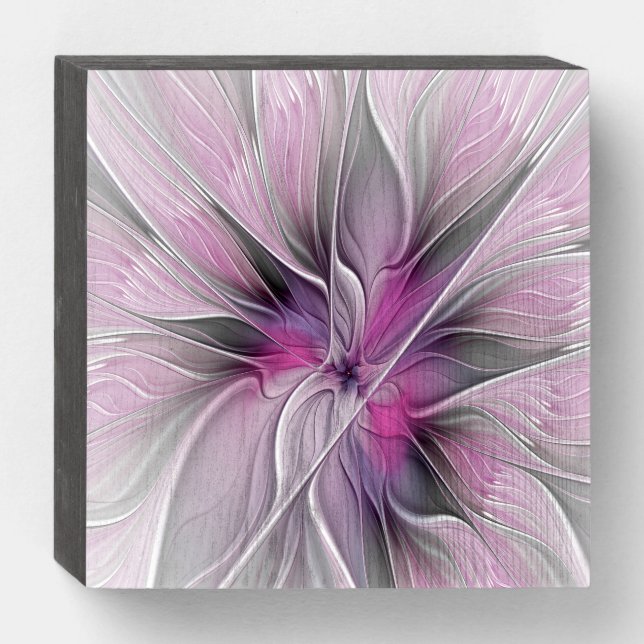 Floral Fractal Modern Abstract Flower Pink Gray Wooden Box Sign (Front Horizontal)