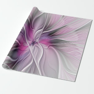 Floral Fractal Modern Abstract Flower Pink Gray Wrapping Paper