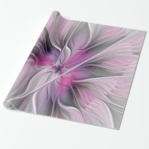 Floral Fractal Modern Abstract Flower Pink Gray Wrapping Paper