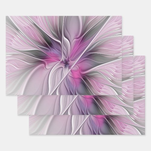 Floral Fractal Modern Abstract Flower Pink Gray Wrapping Paper Sheets