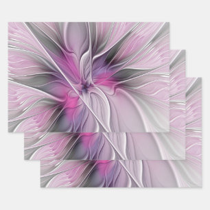 Floral Fractal Modern Abstract Flower Pink Gray Wrapping Paper Sheets