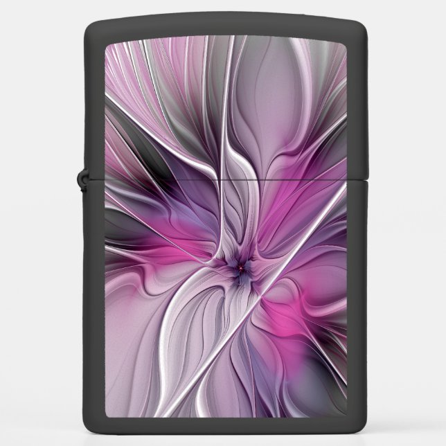 Floral Fractal Modern Abstract Flower Pink Gray Zippo Lighter (Front)