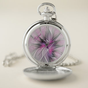 Floral Fractal Modern Abstract Flower Pink Name Pocket Watch