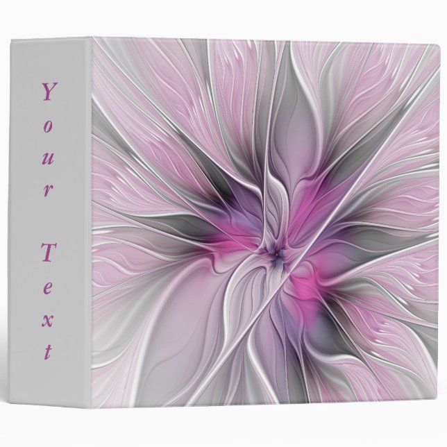 Floral Fractal Modern Abstract Pink Gray Own Text 3 Ring Binder (Front/Spine)