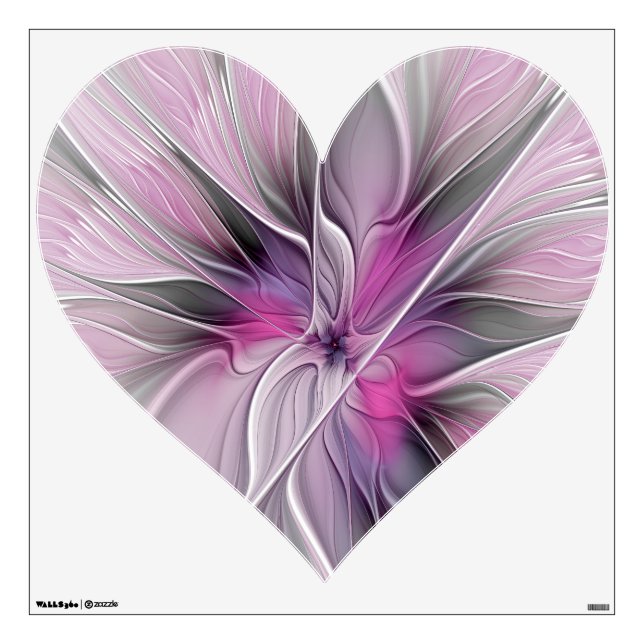 Floral Fractal Modern Flower Pink Gray Heart Wall Decal (Front)