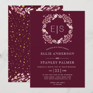 Floral frame and gold confetti burgundy wedding invitation