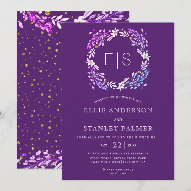 Floral frame and gold confetti purple wedding invitation (Front/Back)