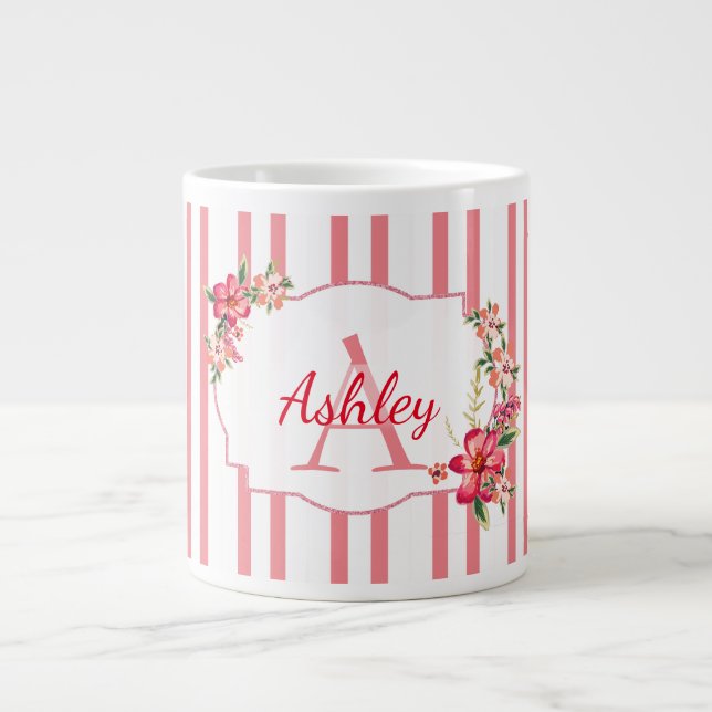 Floral Frame And Stripes Giant Coffee Mug (Front)
