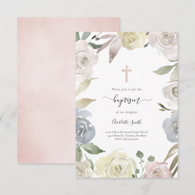 floral frame Baptism baby girl Invitation (Front/Back)