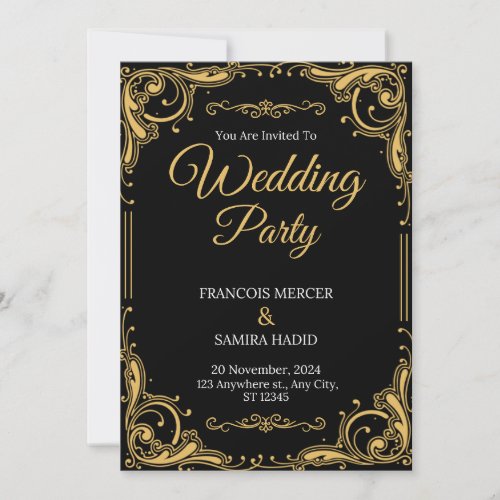 Floral Frame Black  Gold Wedding Invitation 