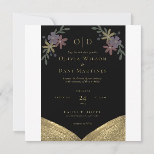 Floral Frame Black  Gold Wedding Invitation 