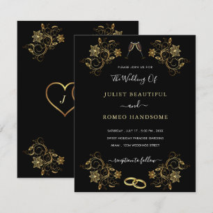 Floral Frame Black Gold Wedding Invitation Example