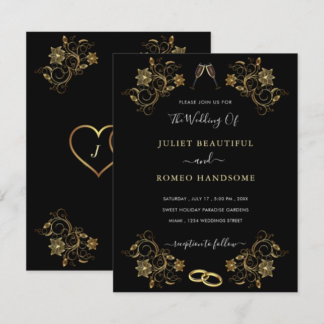 Floral Frame Black Gold Wedding Invitation Example (Front/Back)