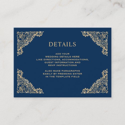 Floral Frame Blue and Gold Wedding Details Enclosure Card