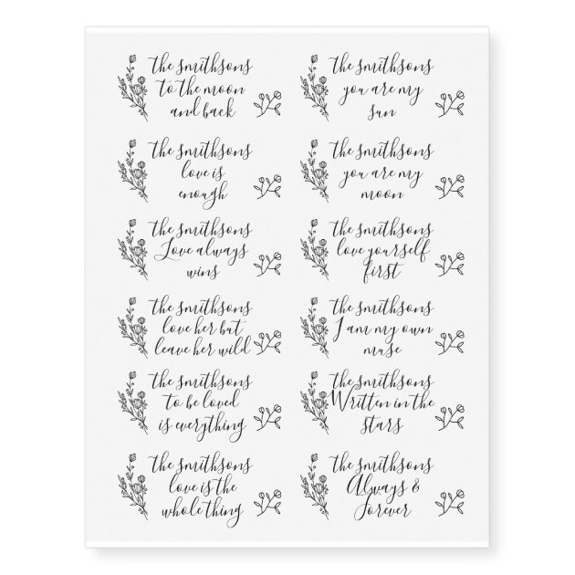 Floral Frame Botanical Signature Love Quotes Temporary Tattoos