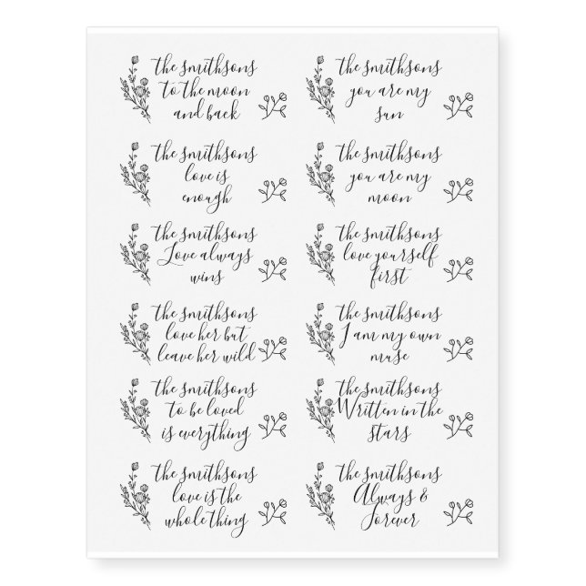 Floral Frame Botanical Signature Love Quotes Temporary Tattoos (Front)