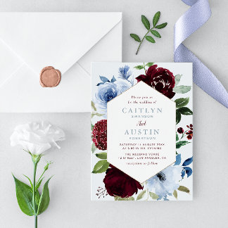 floral frame burgundy & dusty blue wedding invitation