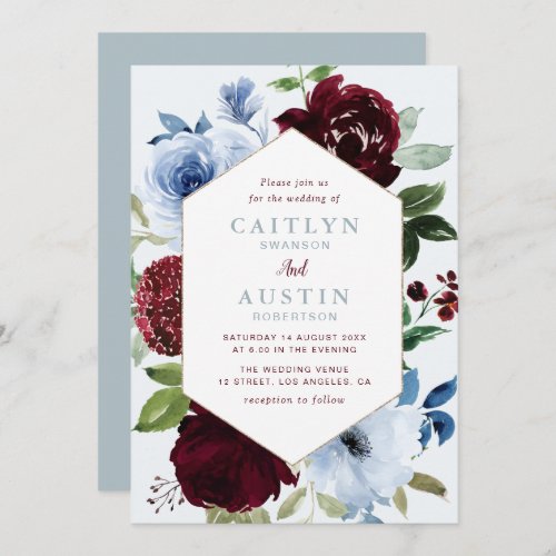 floral frame burgundy  dusty blue wedding invitation