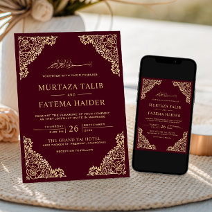 Floral Frame Burgundy Gold Islamic Muslim Wedding Invitation
