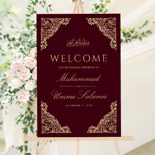 Floral Frame Burgundy Muslim Wedding Welcome Sign