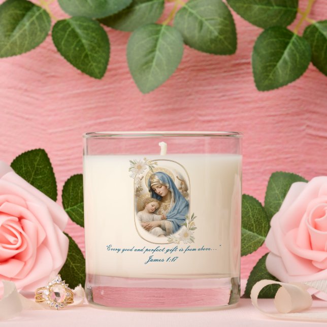 Floral Frame Catholic Baptism Blessed Mother Jesus Scented Candle (Wedding)