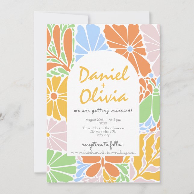Floral Frame Colorful Retro Wedding Invitation (Front)