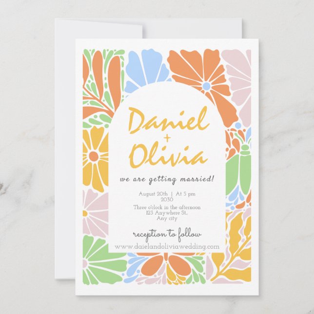 Floral Frame Colorful Retro Wedding Invitation (Front)