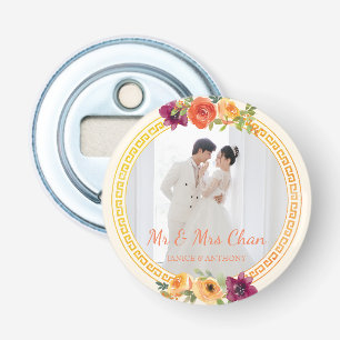 Floral frame couple photo beige wedding mr & mrs bottle opener