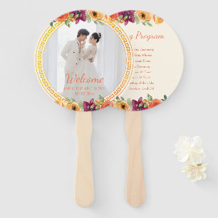 Floral frame couple photo beige wedding program hand fan