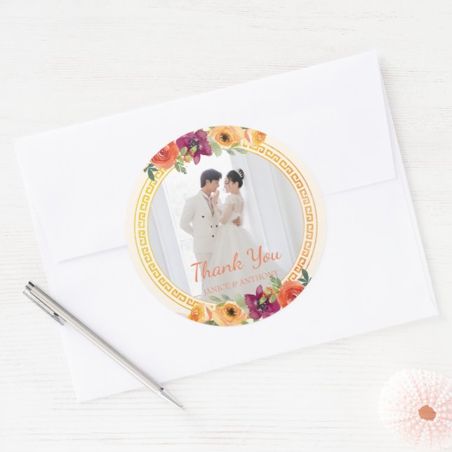 Floral frame couple photo beige wedding thank you classic round sticker (Envelope)