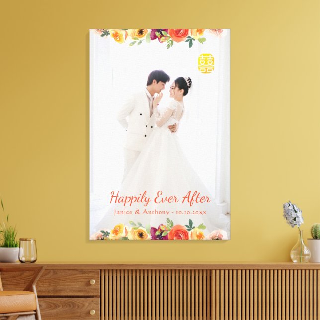Floral frame couple photo Chinese wedding oriental Canvas Print (Insitu(LivingRoom))
