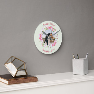 Floral Frame Couples Photo with Personalized Text Round Clock