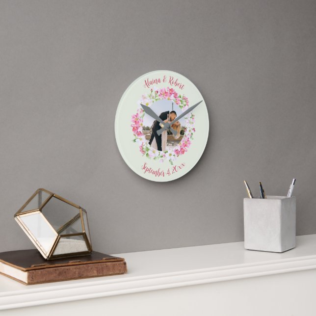Floral Frame Couples Photo with Personalized Text Round Clock (Office)